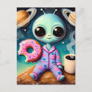 Carte Postale Alien mignon avec café et beignets dans l'espace