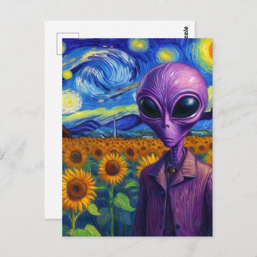 Carte Postale Alien pourpre dans un terrain de tournesol Faux Va (Devant / Derrière)