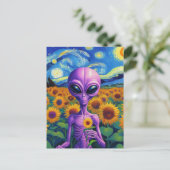 Carte Postale Alien pourpre tient Fleur Van Gogh Tournesol Field (Debout devant)