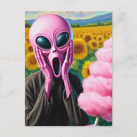 Carte Postale Alien rose criant avec bonbon de coton (Devant)