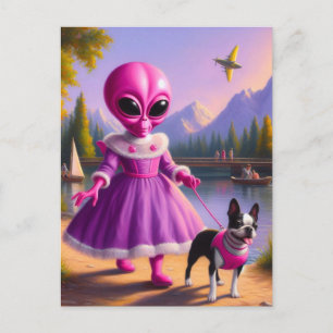 Carte Postale Alien rose marchant à son Boston Terrier au lac