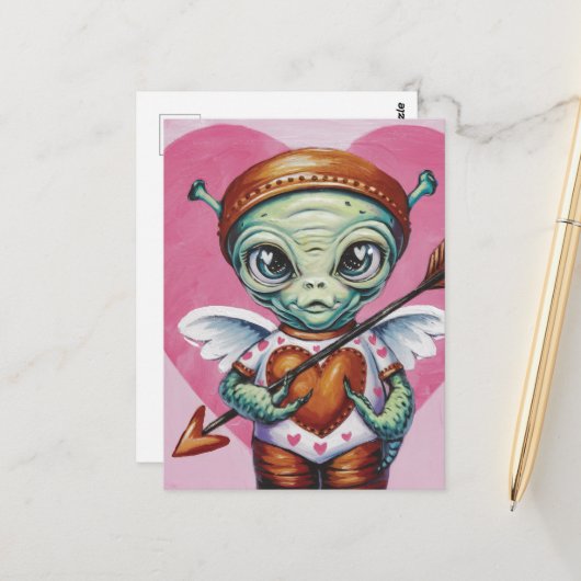 Carte Postale Alien Valentine Cupid (Devant/Arrière en situation)