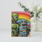 Carte Postale Alien vert borgne bizarre et robot amoureux (Debout devant)