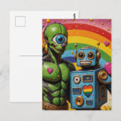 Carte Postale Alien vert borgne bizarre et robot amoureux (Devant / Derrière)