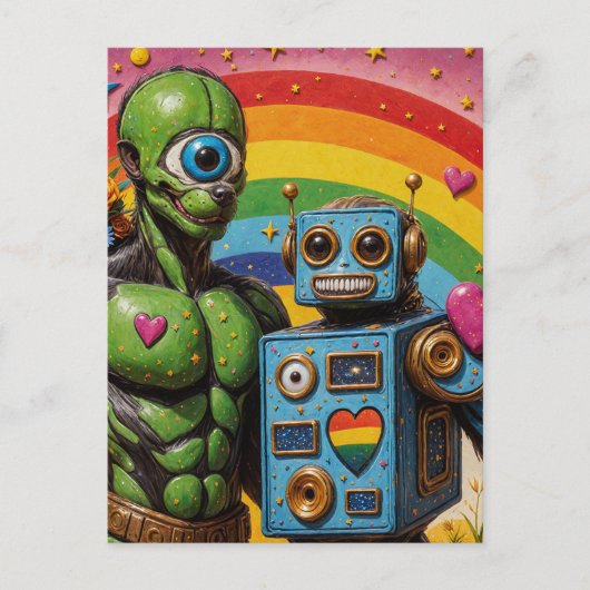 Carte Postale Alien vert borgne bizarre et robot amoureux (Devant)