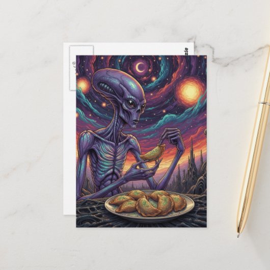 Carte Postale Alien Violet Mangeant des Pierogies (Devant/Arrière en situation)