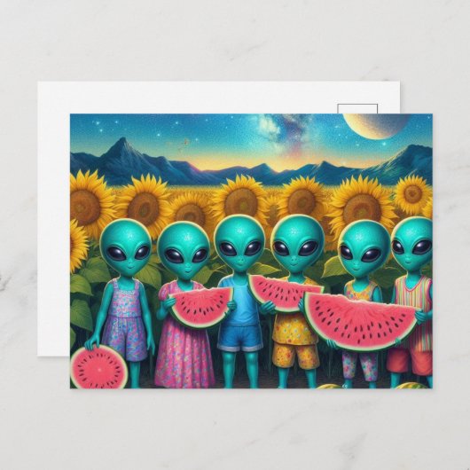 Carte Postale Aliens avec pastèque (Devant / Derrière)