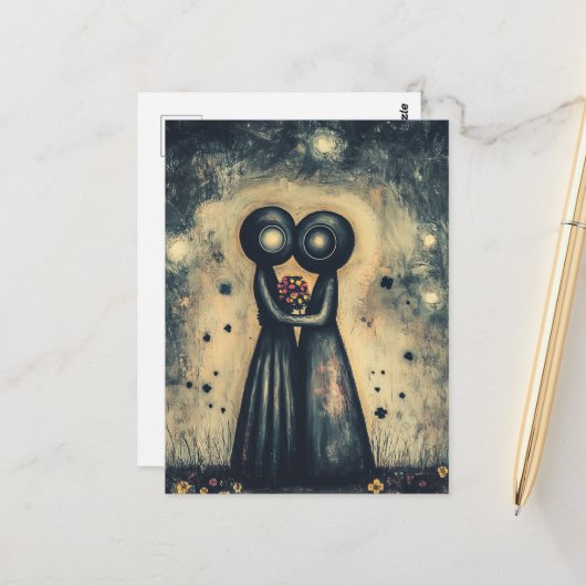 Carte Postale Aliens en amour Embrassez dans un câlin (Devant/Arrière en situation)