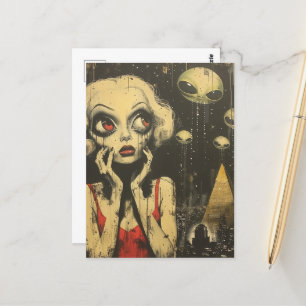 Carte Postale Aliens et femme en robe rouge Imaginaire scifi