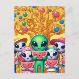 Carte Postale Aliens funky mangeant de la pastèque