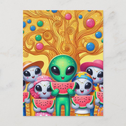 Carte Postale Aliens funky mangeant de la pastèque (Devant)