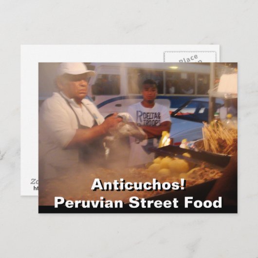 Carte Postale Alimentation de rue au Pérou - Anticuchos (Devant / Derrière)