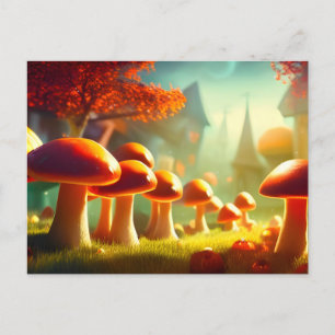 Carte Postale Allée de champignons mignons paysage magique color