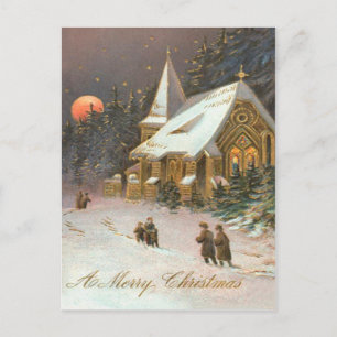 Carte Postale Aller à l'arbre de l'église Neige Lune Étoiles