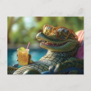 Carte Postale Alligator dégustez un cocktail au bord de la pisci