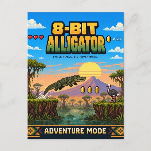Carte Postale Alligator, Pixel Art Rétro 8 Bits (Devant)