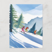 Carte Postale Allons skier | Aquarelle d'hiver (Devant)