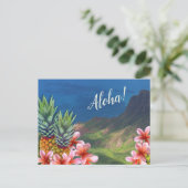 Carte Postale Aloha fleur hawaïenne ananas et montagnes (Debout devant)