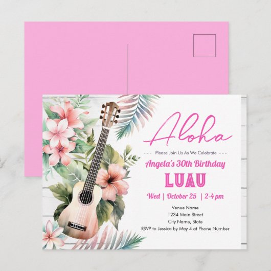 Carte Postale Aloha Luau ukulele Anniversaire Adulte (Devant / Derrière)