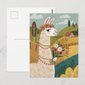 Carte Postale Alpaca avec fleurs art folklorique (Devant / Derrière)