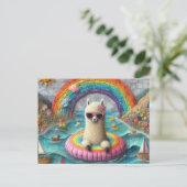Carte Postale Alpaca sur un radeau de couleur arc-en-ciel (Debout devant)