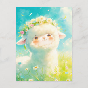 Carte Postale Alpaga blanc avec couronne florale printanière pra