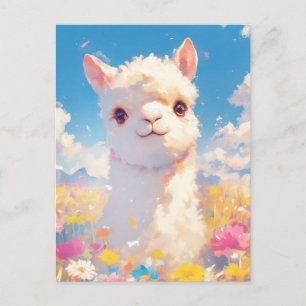 Carte Postale Alpaga blanc dans un champ coloré de fleurs sauvag