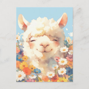 Carte Postale Alpaga blanc dans un jardin coloré de fleurs sauva