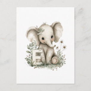 Carte Postale Alphabet Animaux Bébés Aquarelle Mignons, Éléphant