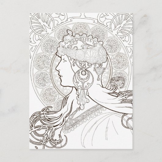 Carte Postale ALphonse Mucha Dessin à doublure noire et blanche (Devant)