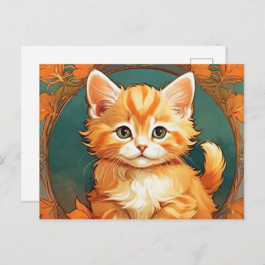 Carte Postale Alphonse Mucha Style Chat orange (Devant / Derrière)