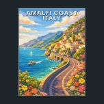 Carte Postale Amalfi Coast Italy Riviera Vintage Travel<br><div class="desc">Capture the breathtaking scenery of southern Italy with this stunning Amalfi Coast design. This artistic illustration features a winding coastal highway overlooking a charming hillside village and the sparkling blue waters of the Mediterranean. With a foreground of vibrant spring flowers and a ferry cruising the coast, this piece perfectly evokes...</div>