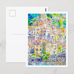 Carte Postale Amalfi Italie célèbre Voyage Aquarelle croquis