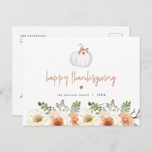 Carte Postale AMBER Fall White Citrouille et Floral Thanksgiving