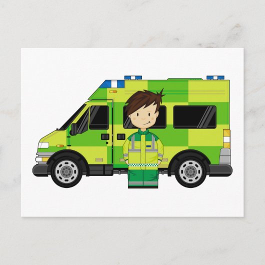 Carte Postale Ambulance de dessin animé et technicien d'urgence (Devant)