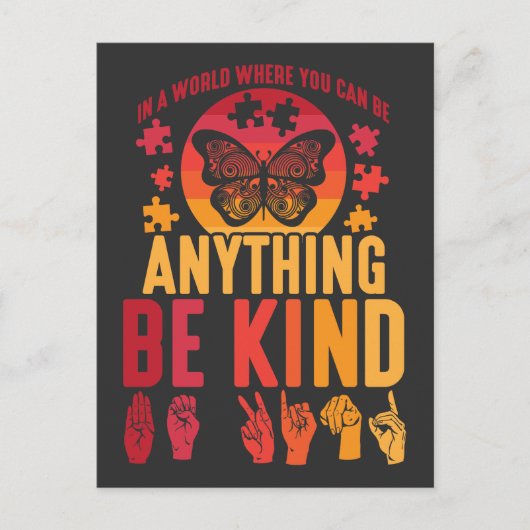 Carte Postale American Sign Language Be Kind Puzzle Butfly (Devant)