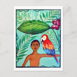 Carte Postale Amérique du Sud, garçon avec perroquet exotique, v