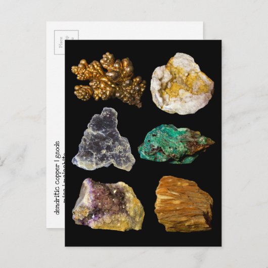 Carte Postale Améthyste Mica Cuivre Barite Malachite Geode Rocks (Devant / Derrière)