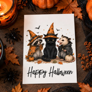 Carte Postale amis d'Halloween Chat Opossum et Raton laveur