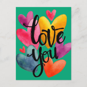 Carte Postale Amour aquarelle vibrant : "Je t'aime" écrit à la m