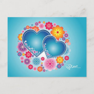 Carte Postale amour coloré avec les coeurs et les fleurs