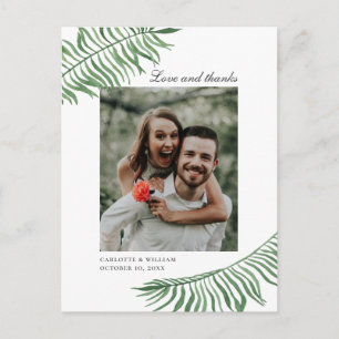 Carte Postale Amour et merci. Mariage feuille tropical merci