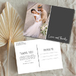 Carte Postale Amour et Merci Photo Mariage Merci<br><div class="desc">Customisez ces mariages de script gris merci cartes avec votre photo et message de remerciement. Avec un design moderne "Amour et Merci", ces cartes postales de remerciement sont un moyen abordable de remercier votre famille et vos amis pour avoir fait partie de votre grande journée. Vous avez une demande de...</div>