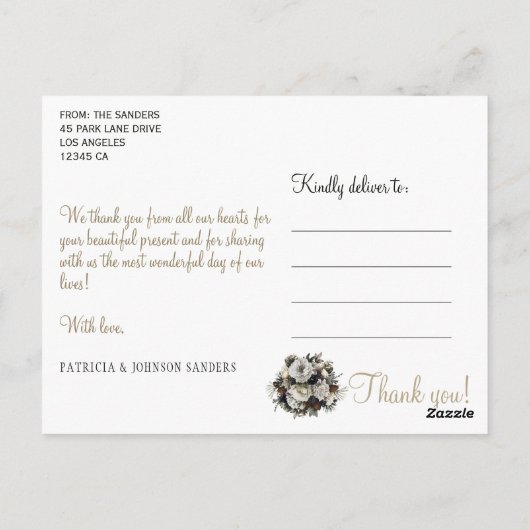 Carte Postale Amour et remerciements pivoines d'hiver mariage re (Dos)