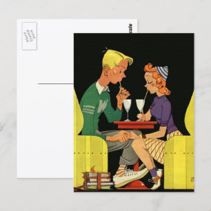 Carte Postale Amour et romance vintage, adolescents au salon de
