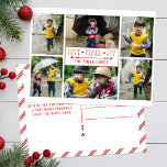 Carte Postale Amour festif, Paix, Joie | Six Photo Collage<br><div class="desc">Amour festif,  paix,  joie graphisme de texte personnalisé avec séparateur décoratif,  champ de texte modifiable et modèle de collage six photos avec motif de bande de sucre de canne rouge et blanc sur le dos.</div>