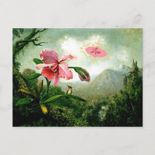 Carte Postale Amour, orchidée et colibri près d'une cascade (Devant)