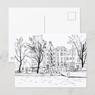 Carte Postale Amsterdam Canal Maisons noir et blanc Sketch