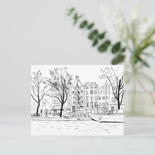 Carte Postale Amsterdam Canal Maisons noir et blanc Sketch (Debout devant)