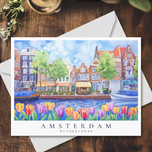 Carte Postale Amsterdam Canal & Tulips Watercolor Travel